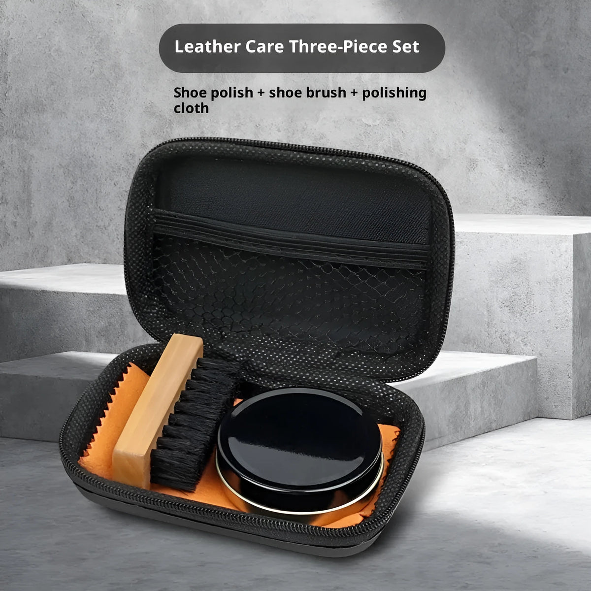 Leather shoe care cleaning set with shoe brush, maintenance oil bottle, and cloth in black bag