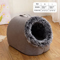 Grey fleece-lined closed cat sleeping bag for winter, shown next to a brown version.