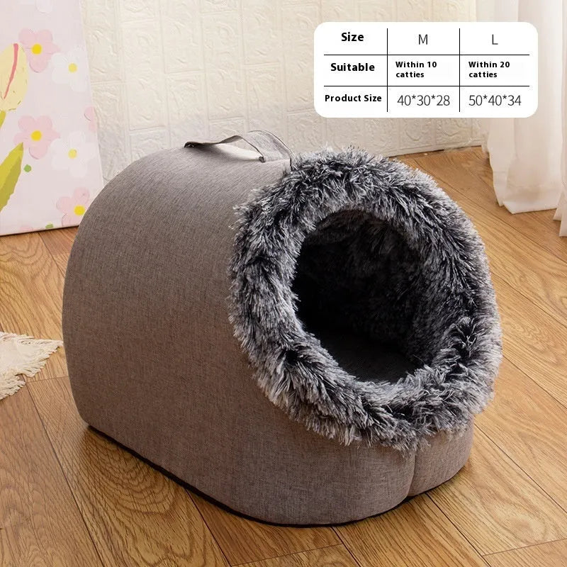 Grey fleece-lined closed cat sleeping bag for winter, shown next to a brown version.