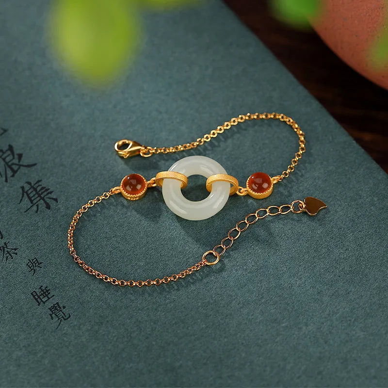 Sterling silver adjustable bracelet with Hetian jade peace buckle charm