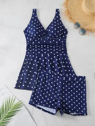Women's blue polka dot print plus size bikini set with brief shorts