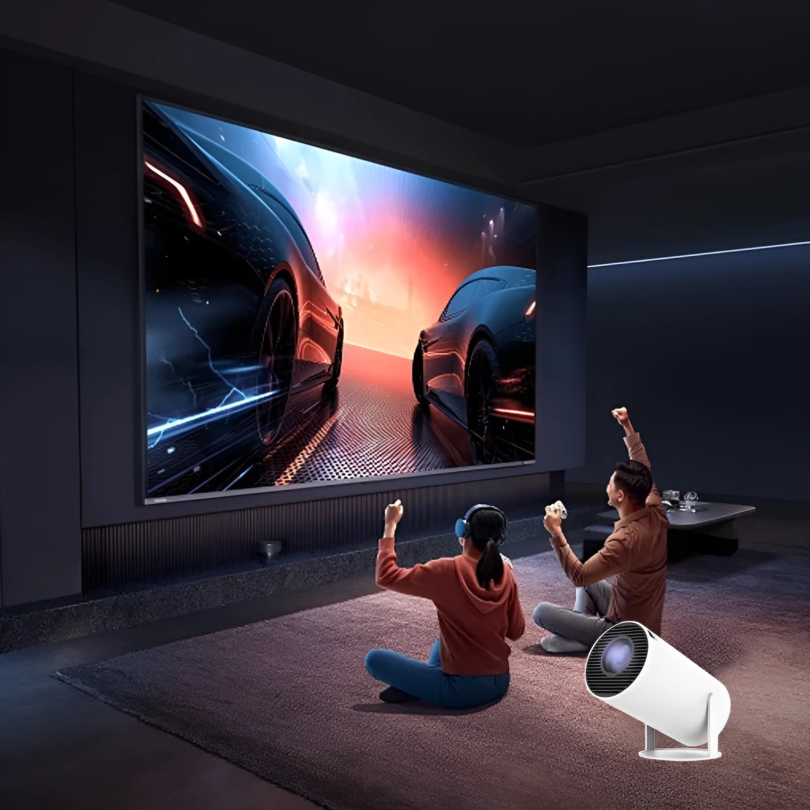 White Barrel X10 PLUS portable smart projector with gamepad and remote control on a table.