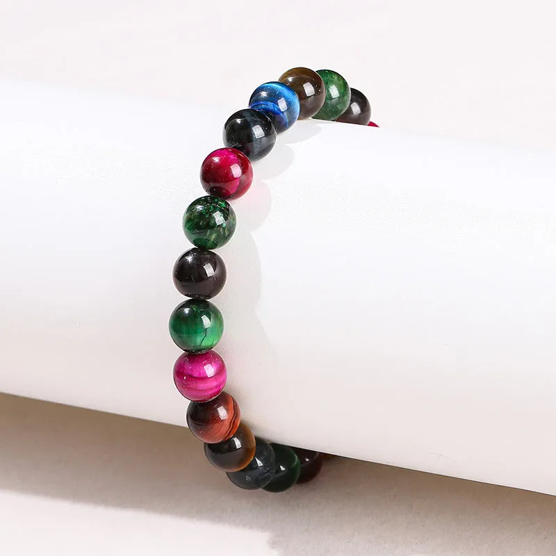 Colourful Tiger Eye natural stone bracelet with round beads on mixed string