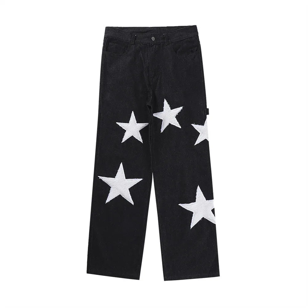 Men's five pointed star flocked embroidered straight tube jeans in black denim