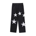 Men's five pointed star flocked embroidered straight tube jeans in black denim