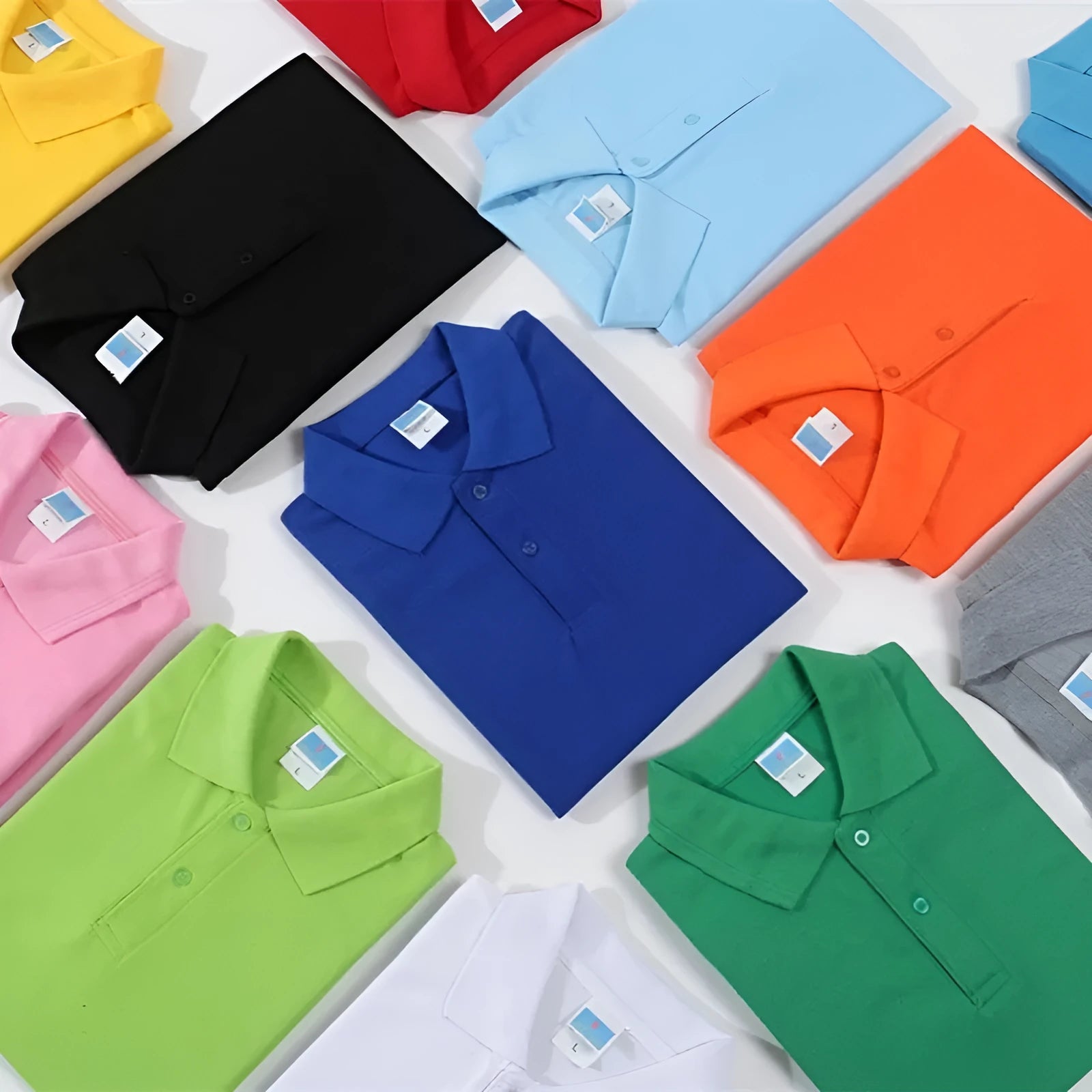 Short-sleeved cotton advertising shirt in a straight fit, shown in multiple colour options.