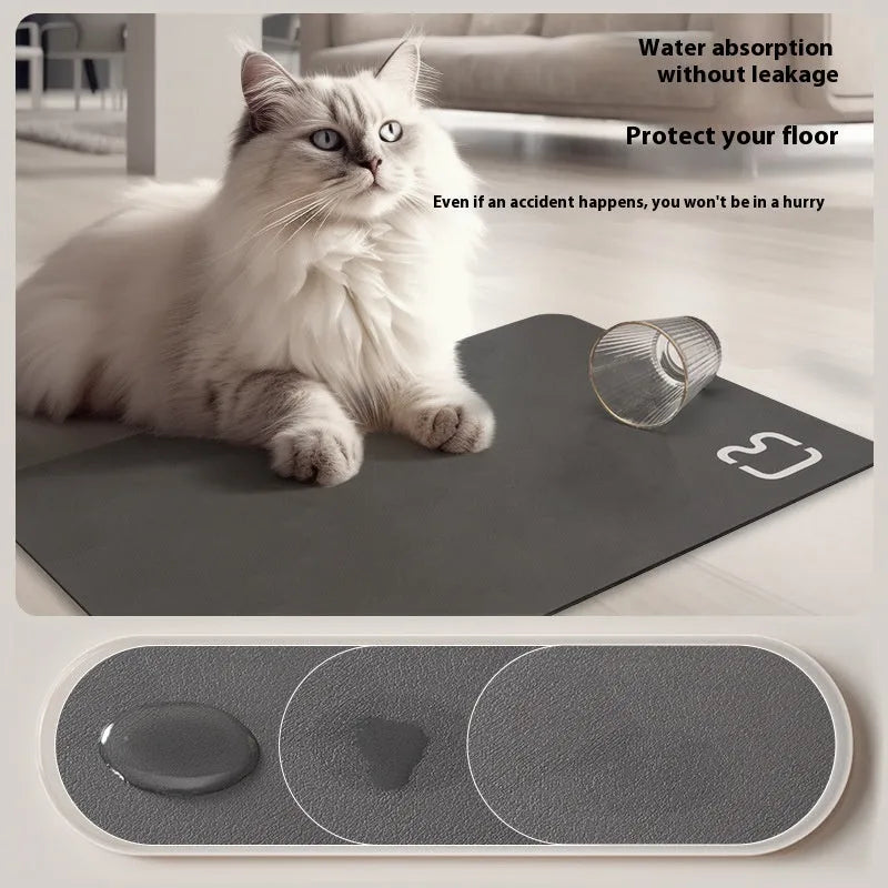 Minimalist pet feeding mat in cat head light gray, water-absorbent non-slip design for cat and dog bowls