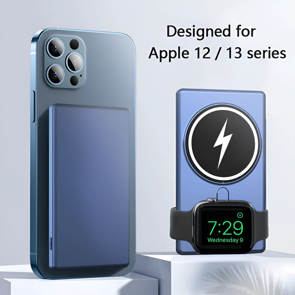 Black square aluminium magnetic wireless charging power bank showing USB port and charging surfaces.