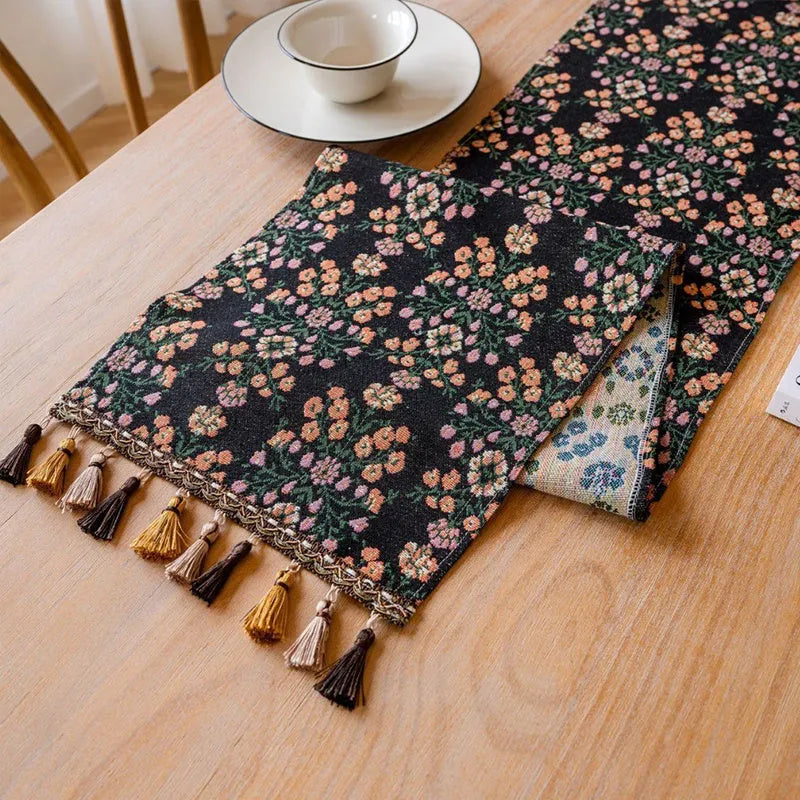 Nordic Jacquard striped bouquet pattern table runner with decorative tassels in dark blue