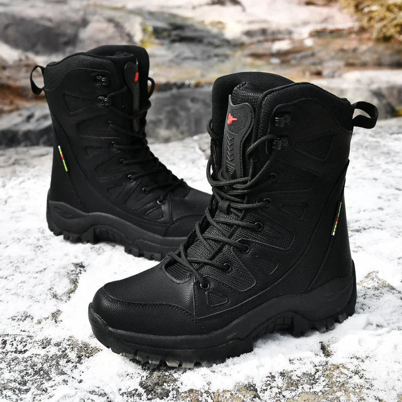 Men's beige cowhide leather hi-top hiking shoes with a platform sole on a neutral background.