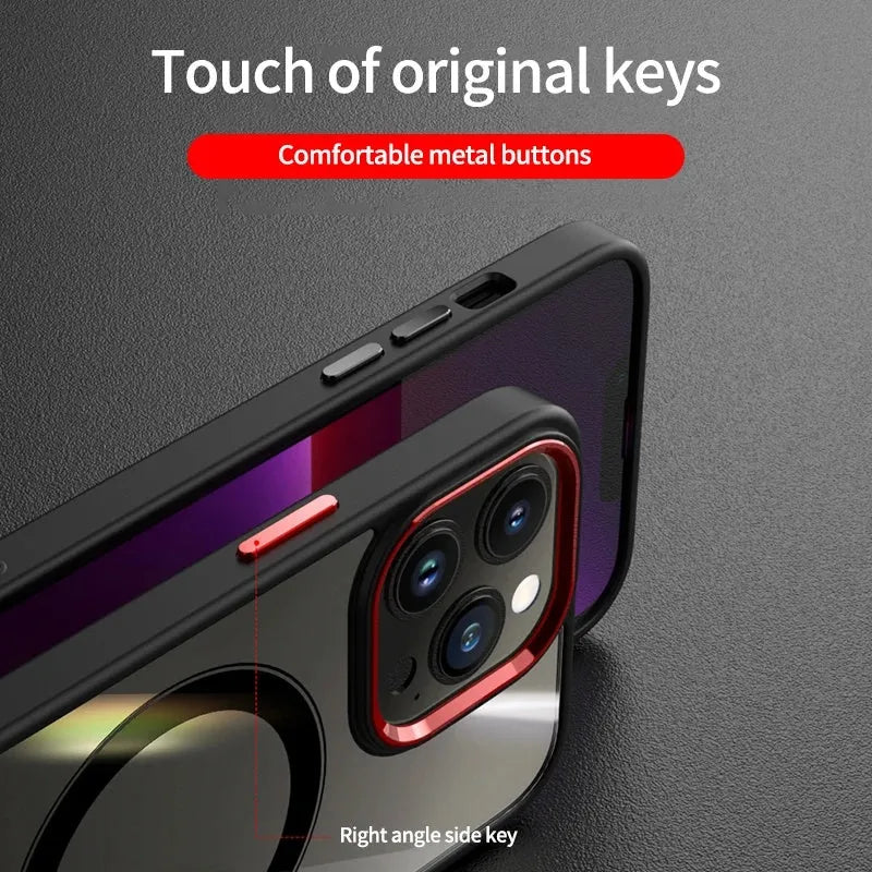 Magnetic suction acrylic phone case with metal lens frame for iPhone 15, black edge and red frame, front and back view