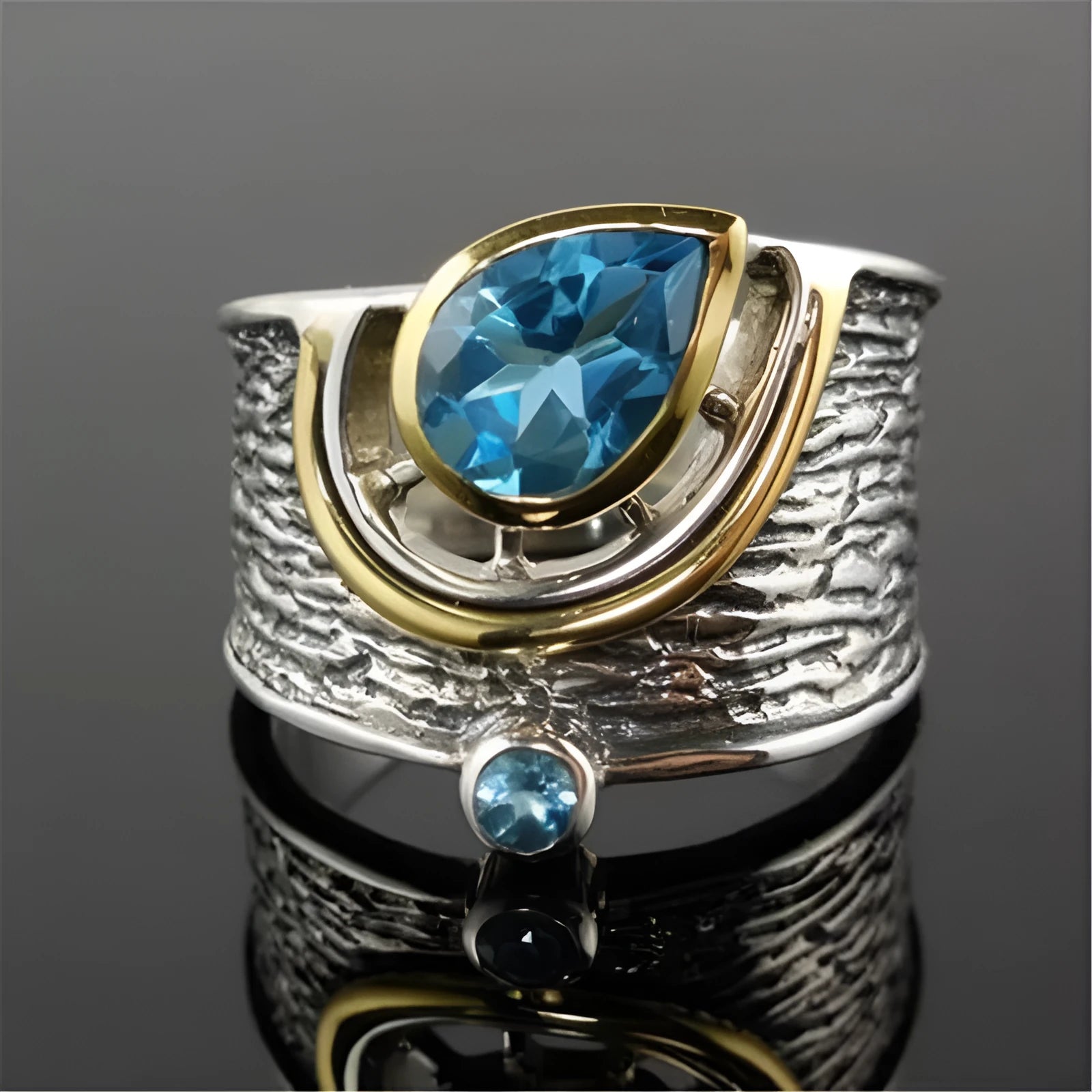 Women's blue zircon drop shape ring with Chinese style design and alloy construction