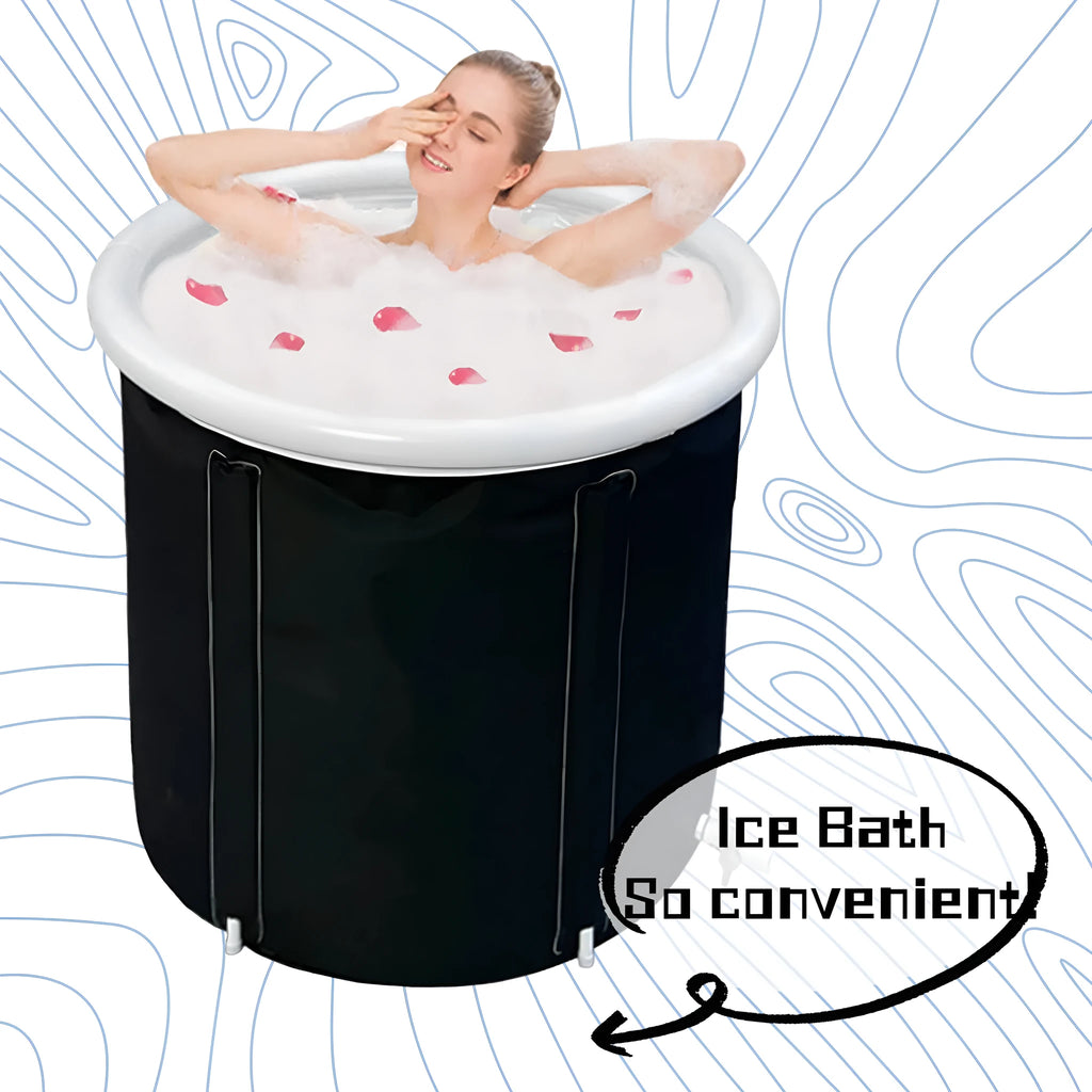 Black inflatable portable ice bath tub with weather lid, shown outdoors.