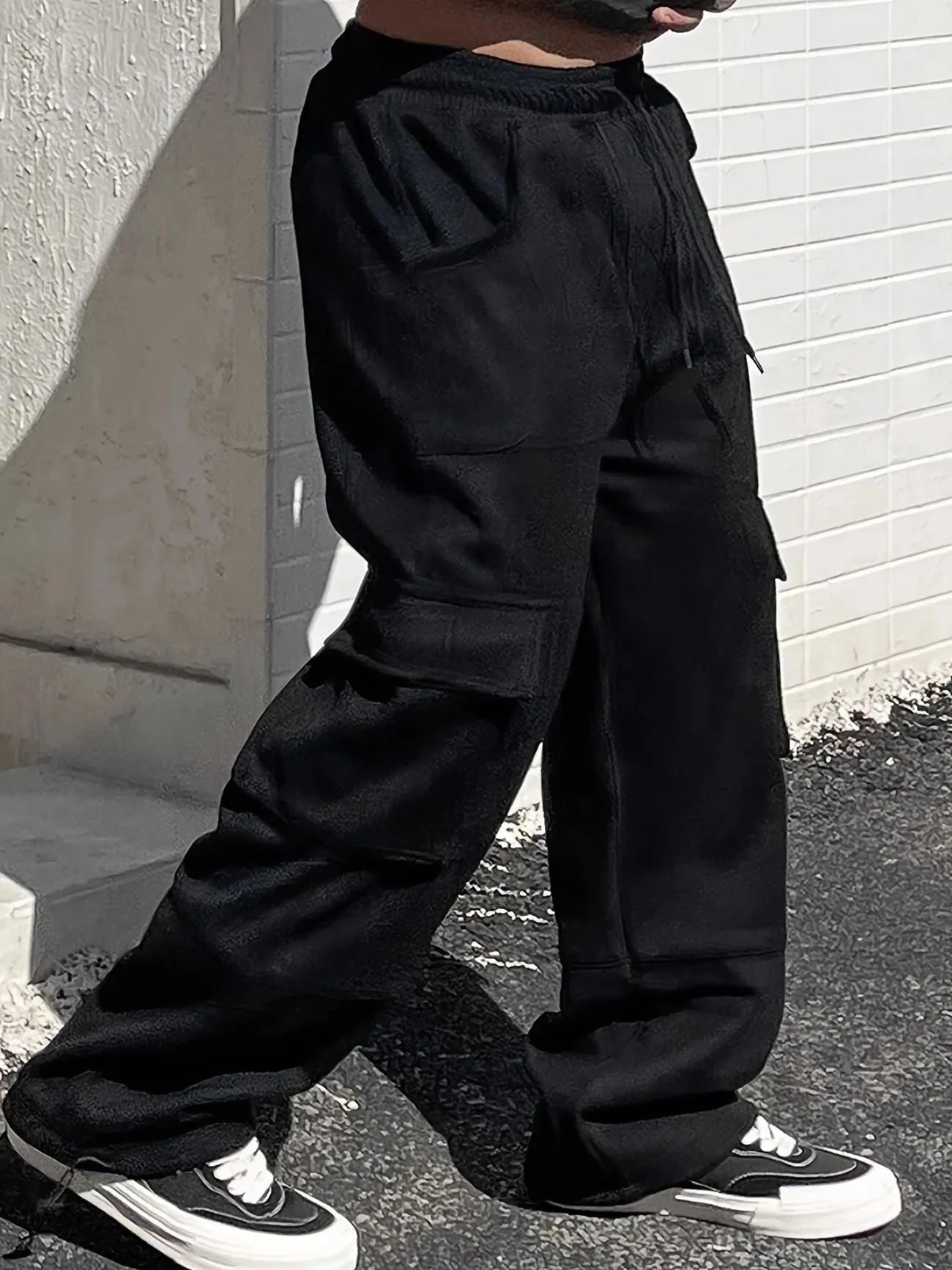 Loose wide leg American gray track sweatpants for teenagers in plus size, black colour, elastic waistband, polyester fibre