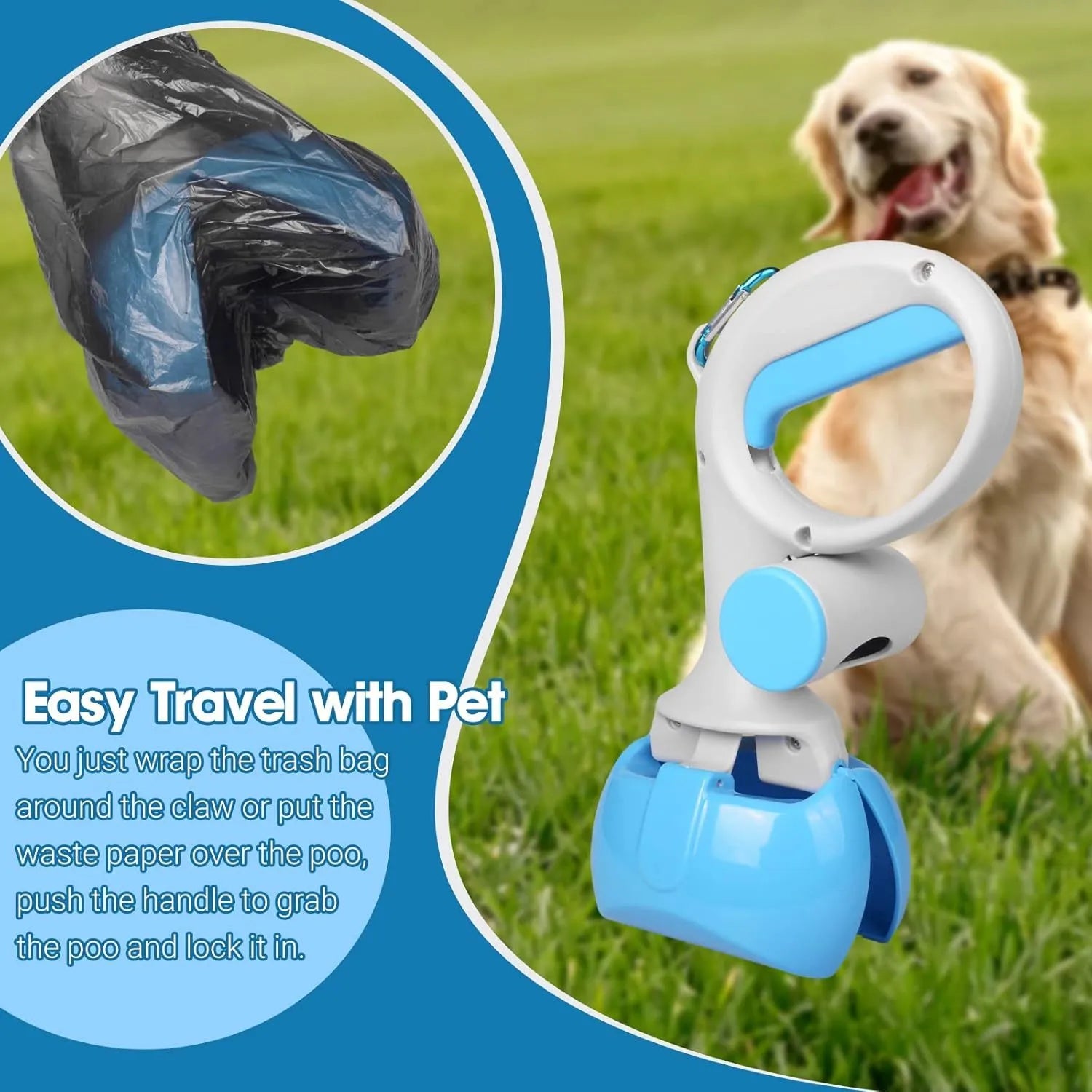 Blue pet pooper scooper with integrated trash bag holder and top carry hook.