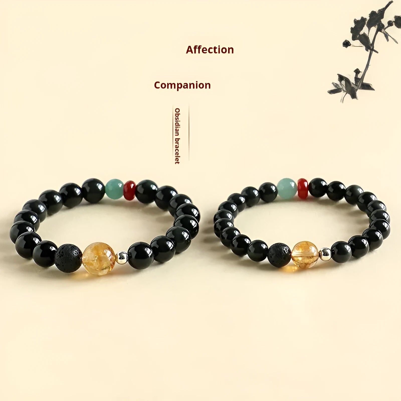 Chinese style couple bracelet with obsidian and agate jade beads in 8mm and 10mm size options.