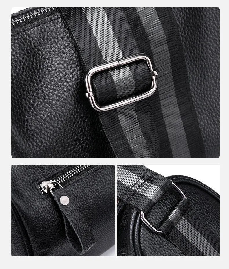 Black genuine leather crossbody bag showing adjustable strap and main compartment