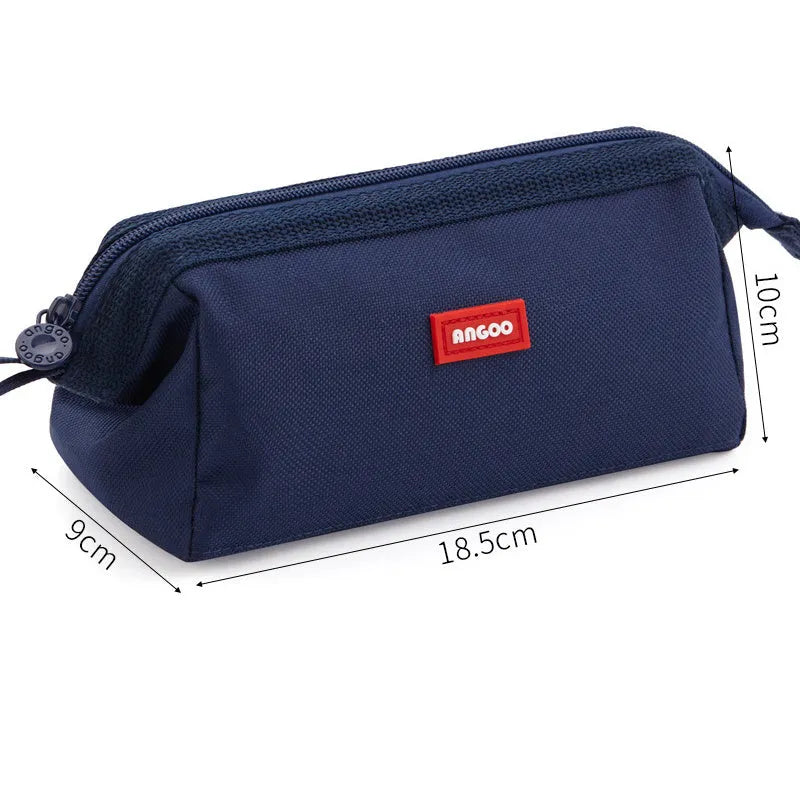 Large-capacity oxford cloth pencil case with a double zipper, shown in yellow, black, and dark blue colour options.