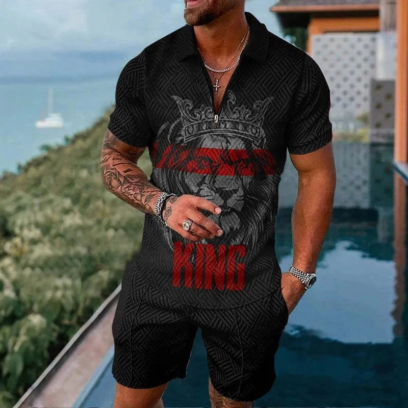 Men's summer mesh tracksuit set with short sleeve zip-up jacket and matching shorts in multiple colours