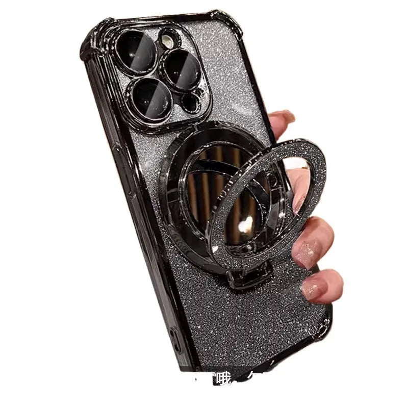 Glitter mirror folding bracket phone case for iPhone 16 with drop-resistant PC material in gradient colours