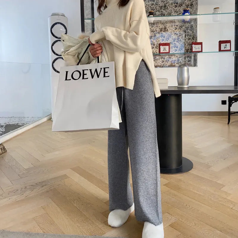 Women's super thick knitted wide-leg trousers high waist straight-leg in cream white, side view