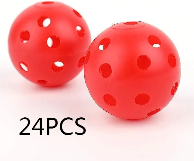 24 multi-colour 42mm golf practice balls in red, orange, blue, green, white, yellow stored in mesh net bag