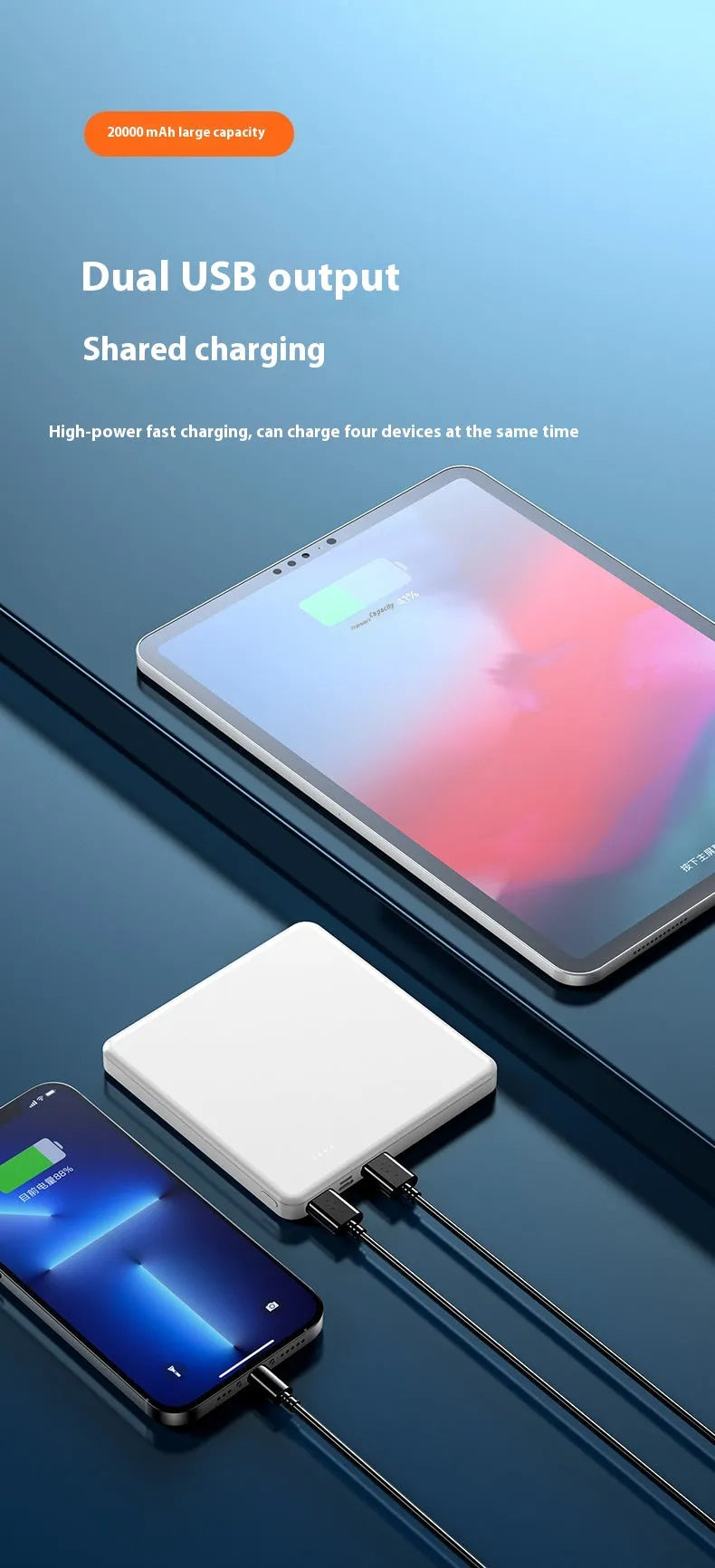 White 20000mAh portable fast charge power bank with QC3.0 graphene cell and Type-C/Micro input