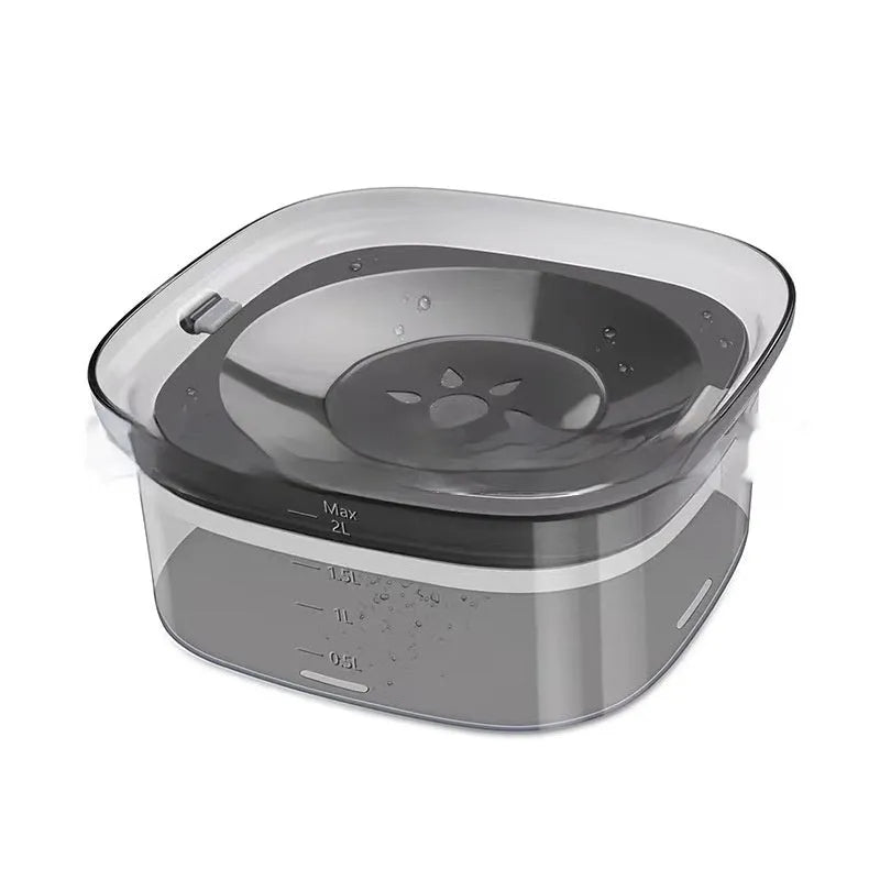 Transparent plastic pet water bowl with floating disc showing water level and non-slip base