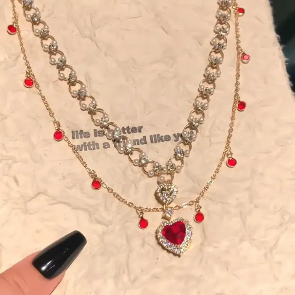 Red love heart pearl pendant on double-layer alloy necklace with adjustable 41-50cm chain