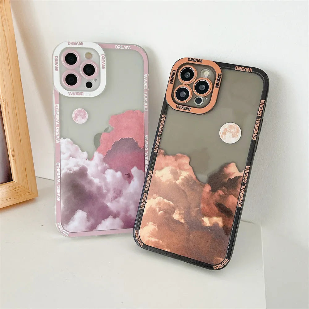 Sunset clouds design TPU phone case for iPhone on a blue background.
