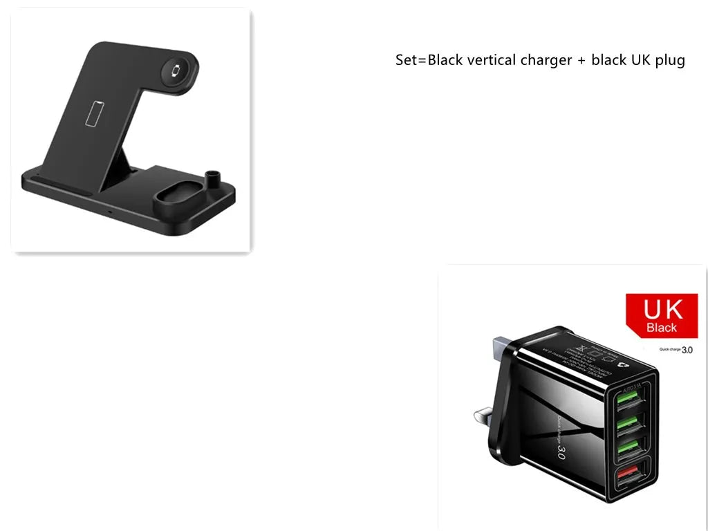 Black 4-in-1 wireless charging station with phone on adjustable stand, Apple Watch, and AirPods charging.