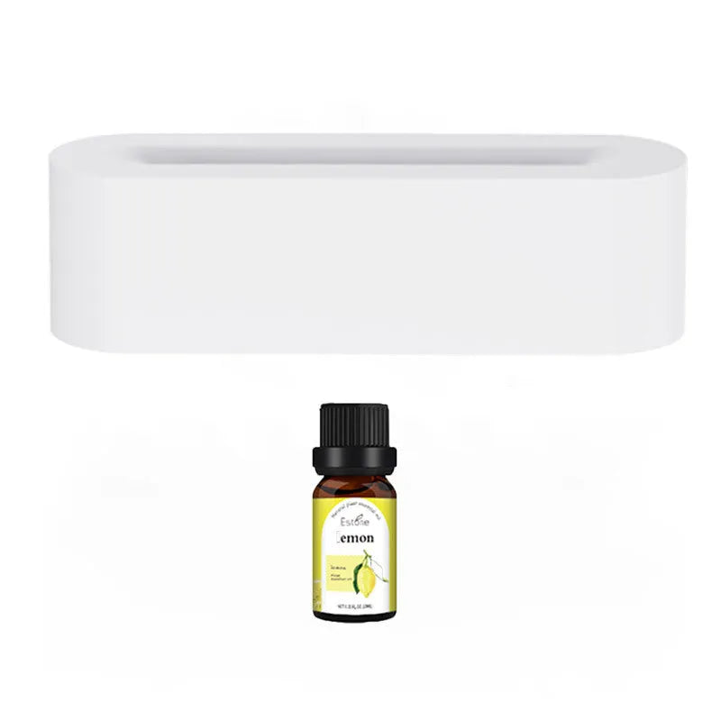 White square ultrasonic flame aroma diffuser and humidifier with LED light on a table.
