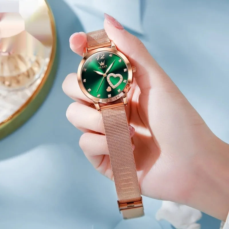 Women's fashion watch with rose shell alloy case and mesh strap, shown in multiple dial colour options.