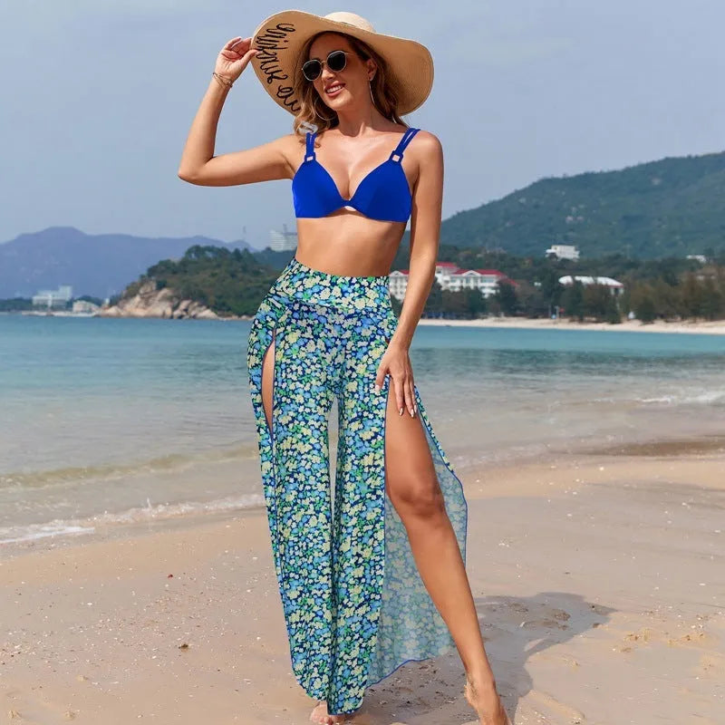 Women's printed bikini three-piece swimsuit set showing bra, shorts, and pants in various patterns