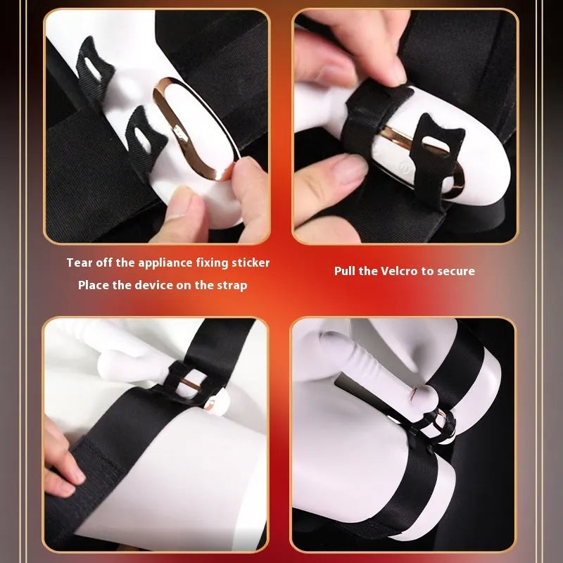 Black adult toy strap with adjustable knitted belt for hands-free intimate stimulation