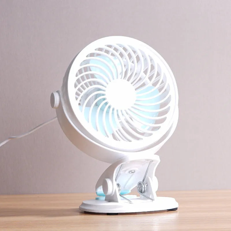 USB-powered mini desktop clip fan with brushless motor for quiet dormitory and office use