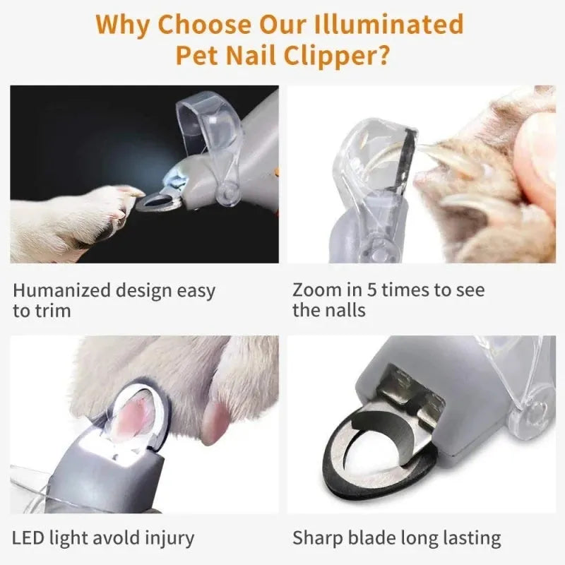 Yellow LED pet nail clippers with magnifying lens and safety guard for dog and cat grooming