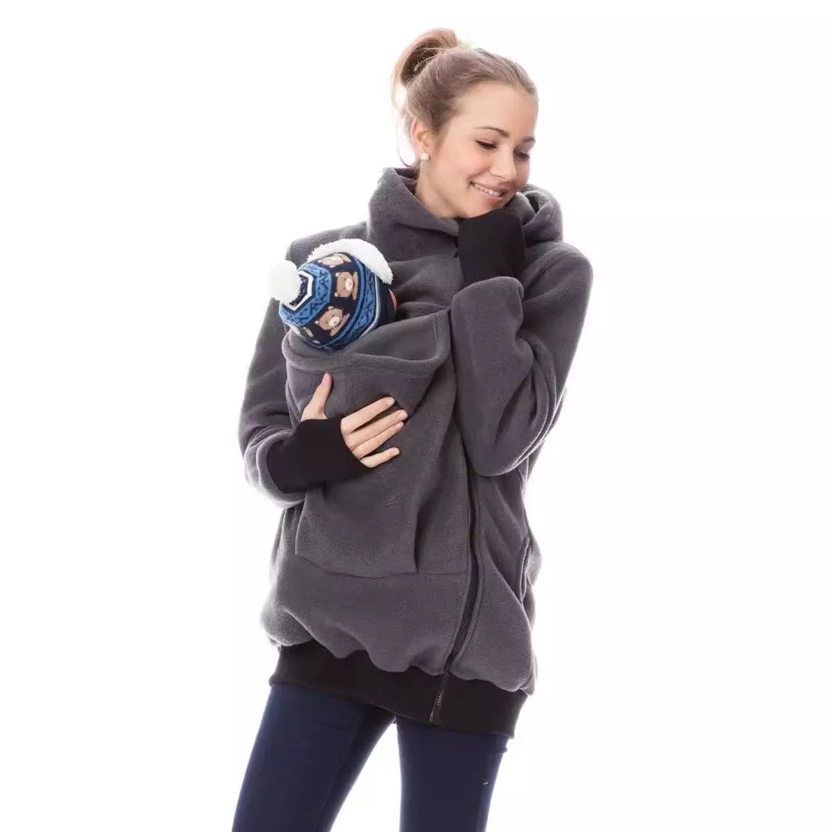 Red loose-fitting women's polar fleece sweater with long sleeves on a hanger.