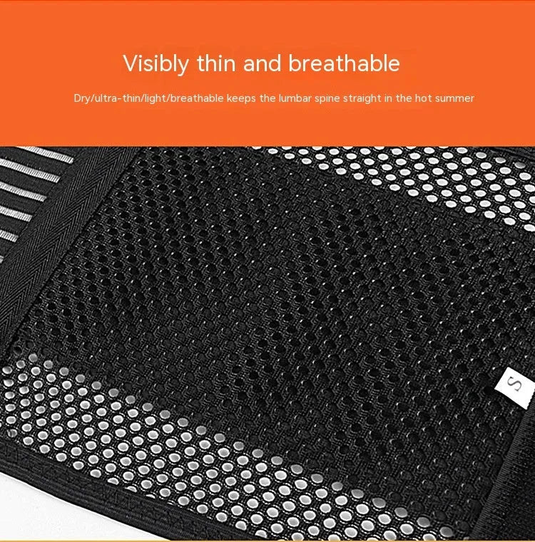 Black sports waist support belt with breathable design and internal steel plate for lumbar protection.