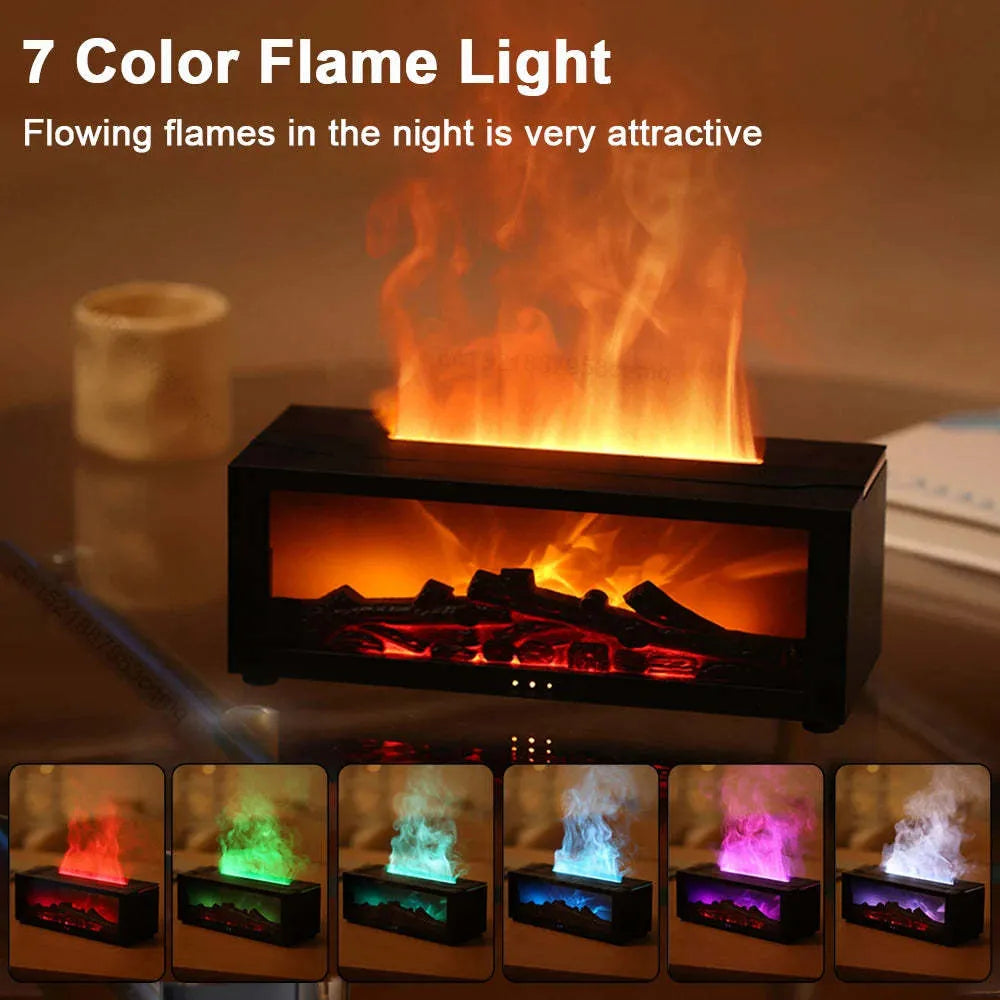Square desktop flame effect essential oil diffuser with coloured mood lighting and remote control.