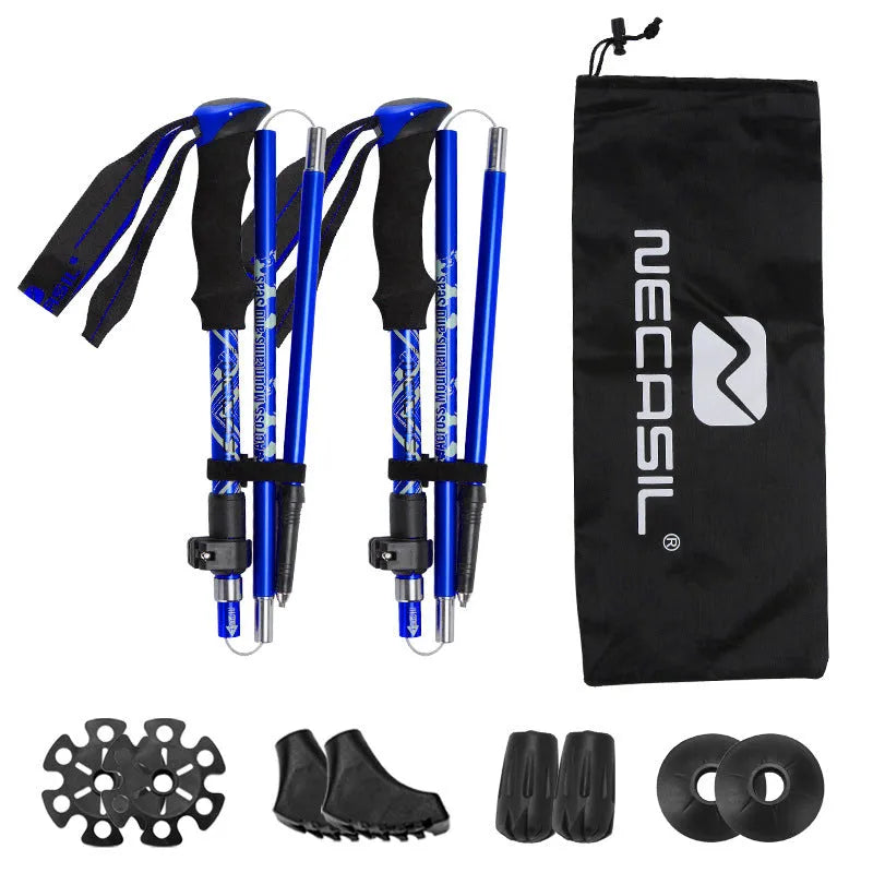 Aluminium alloy hiking cane with adjustable height, black colour, folded for storage