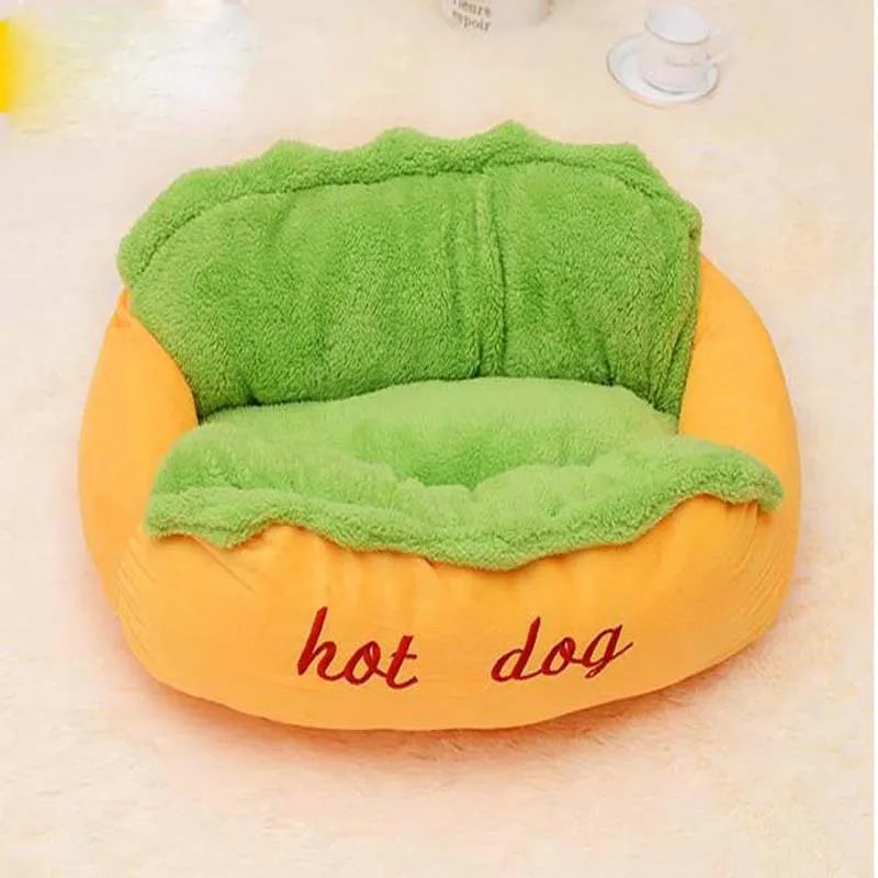 Hot dog shaped pet bed with flannelette mat, jean cloth sides, and anti-slip base for dogs and cats.