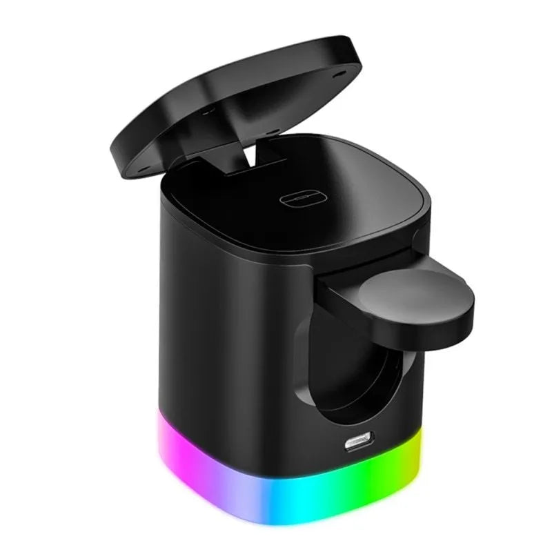 Black foldable 3-in-1 magnetic wireless charging station showing phone, watch and earbuds charging with RGB light on.