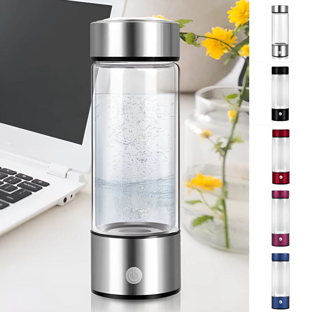 Electric hydrogen water generator bottle in silver colour with borosilicate glass construction and 500ml capacity