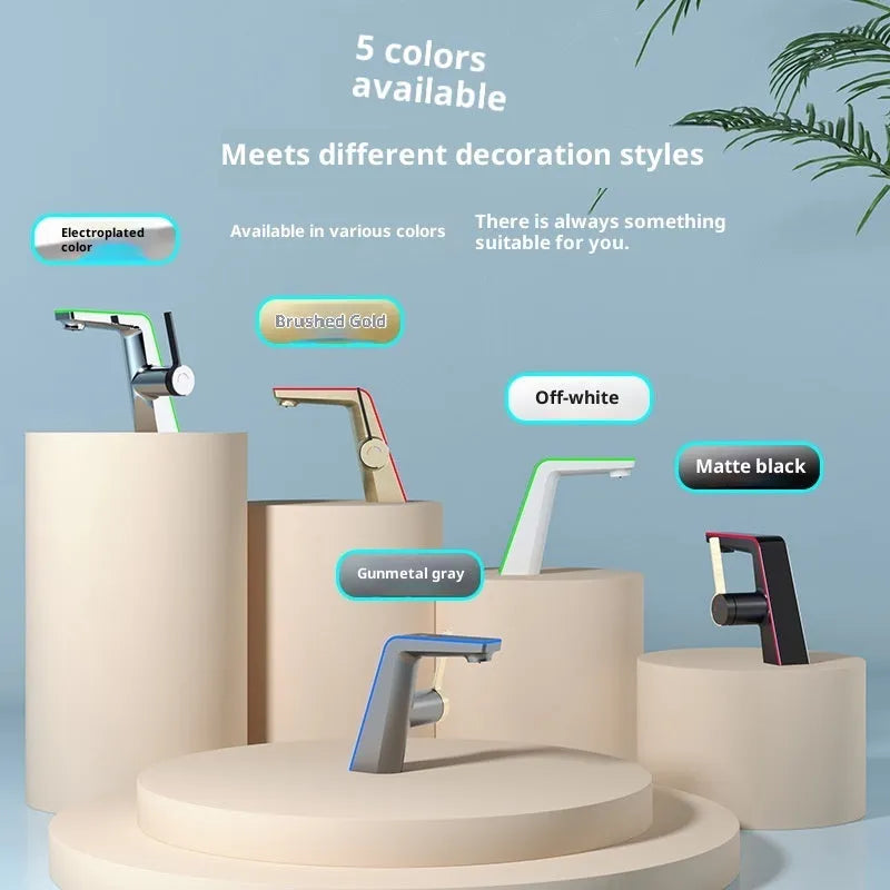 Digital display basin faucet with ambience light in gun gray finish with 80cm inlet pipe on a modern bathroom sink