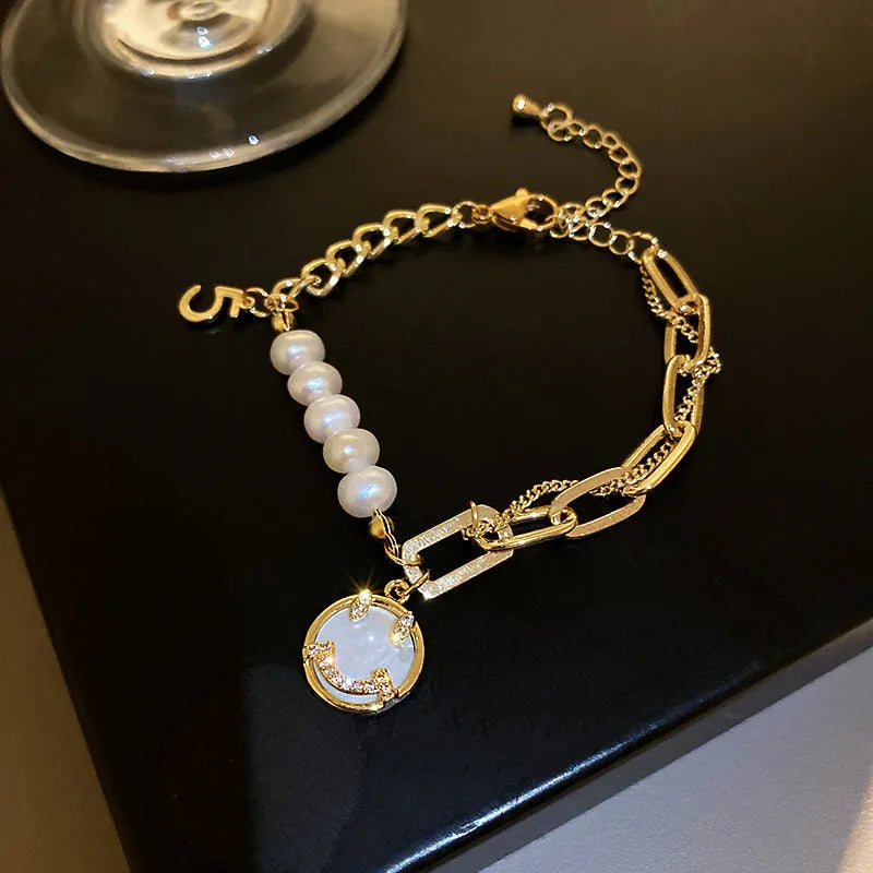 Baroque freshwater pearl bracelet with zircon accents geometric design women's gold colour