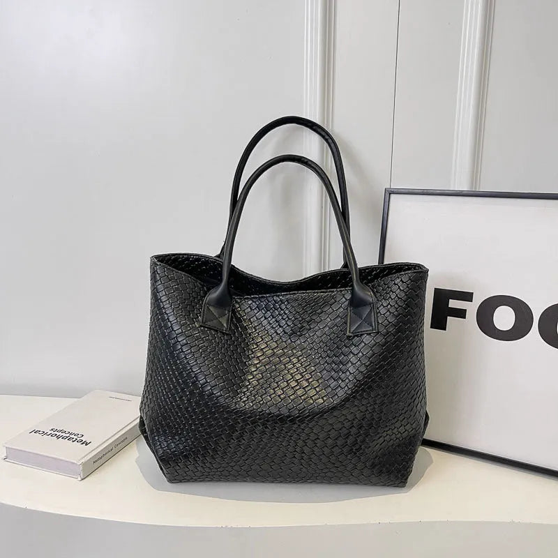 Woven PU shoulder bag for women with double straps, available in beige, black, gray, and khaki