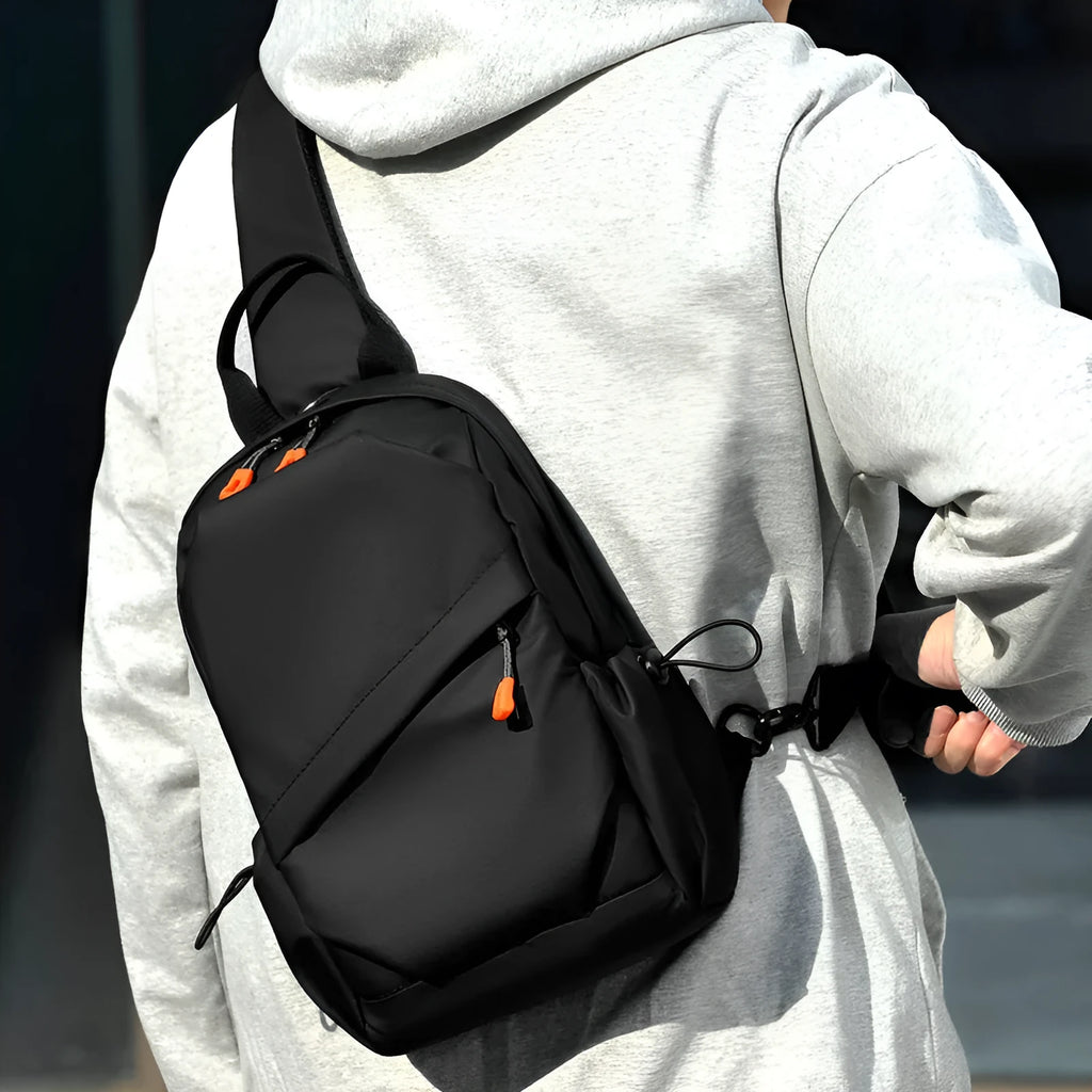 Men's black waterproof polyester crossbody bag with single shoulder strap