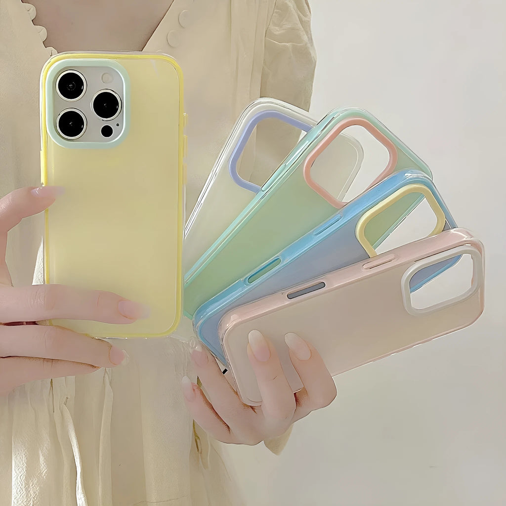 Simple solid colour jelly TPU phone case for iPhone, shown in blue, white, and yellow.