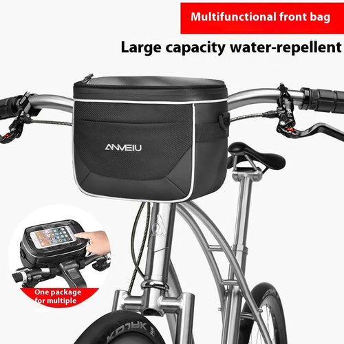 Black 7-inch bicycle handlebar storage bag mounted on bike handlebars